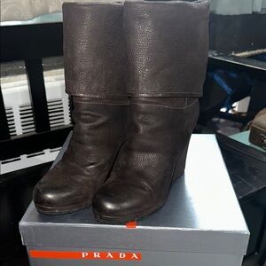 Prada Fold Over Cuff Wedge Leather Boots